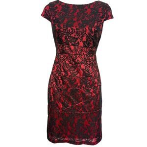 Alyx Petite Red Black Lace Cocktail Party Knee Length Sheath Cap Sleeve Dress 6